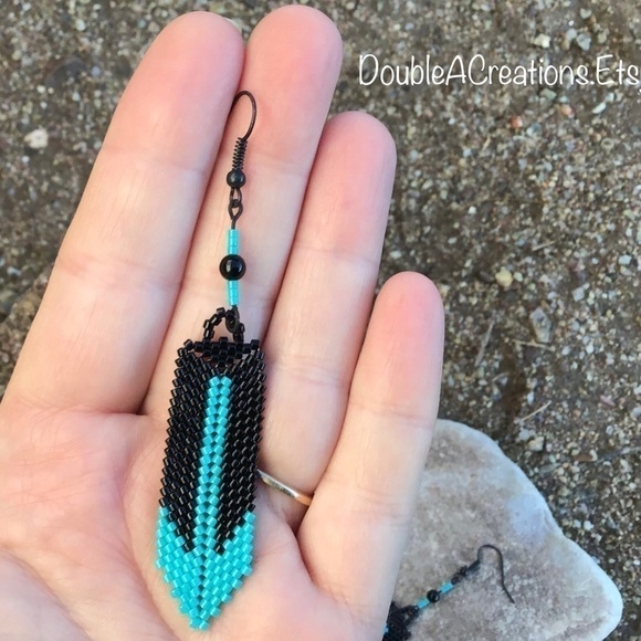 Turquoise and Black Beaded Feather Earrings, New, Handmade by Me - Picture 6 of 6